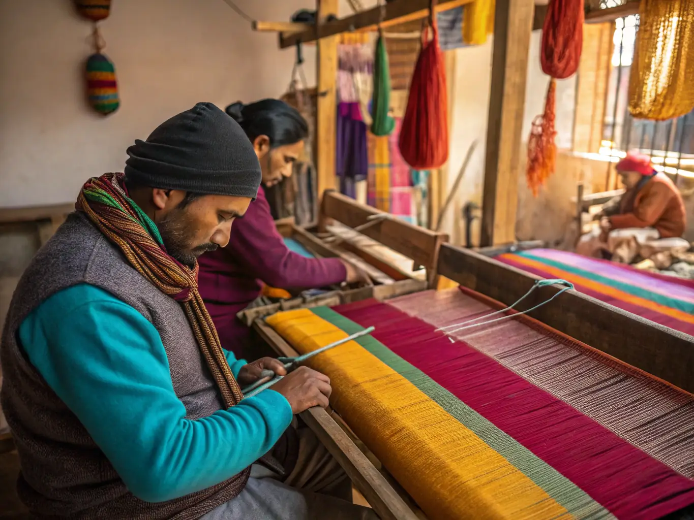 A close-up shot of hands working on a traditional Occitan craft, such as pottery or weaving, highlighting the intricate details and artistry involved. The setting is a cozy studio filled with tools and materials.