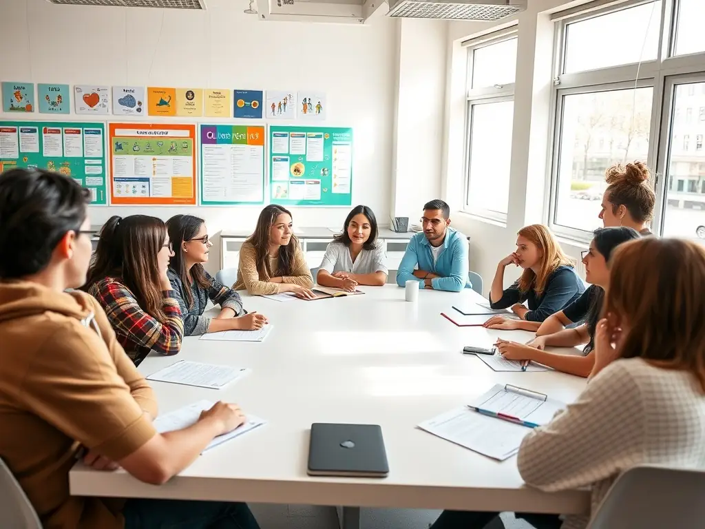 A group of children and adults participating in an Occitan language class, with a teacher pointing to a traditional map of the Occitania region.