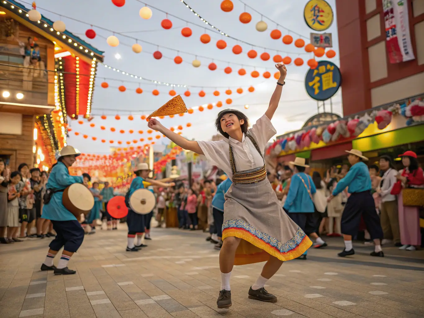 A vibrant image depicting a group of people participating in a traditional Occitan dance workshop, showcasing the energy and community spirit of the event. The setting is a rustic village hall, decorated with Occitan flags and banners.