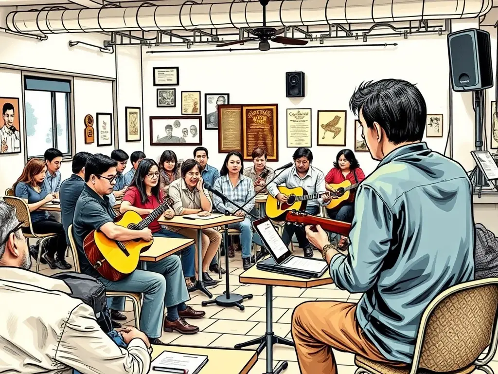 An image of participants engaging in a traditional Occitan music workshop, playing instruments like the tambourin and fifre, set in a rustic village hall.