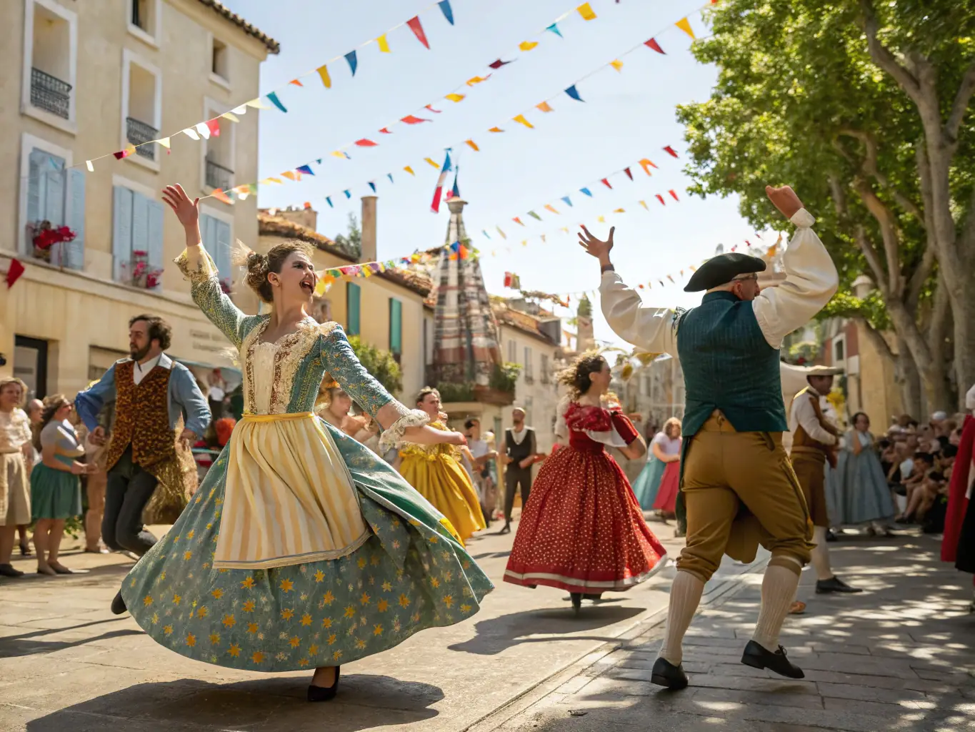 A colorful photograph capturing a lively Occitan music festival, featuring musicians playing traditional instruments and attendees of all ages enjoying the performances. The backdrop is a picturesque Provençal landscape.